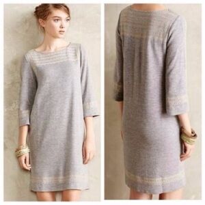 Anthropologie Edme Esyllte Anslice Dress Shift Embroidered Knit Crew Gray L